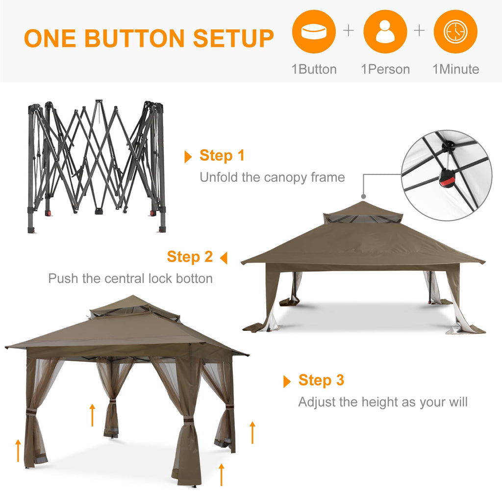 ABCCANOPY 13'x13' Gazebo Tent Outdoor Pop up Gazebo Canopy Shelter with Mosquito Netting, Brown