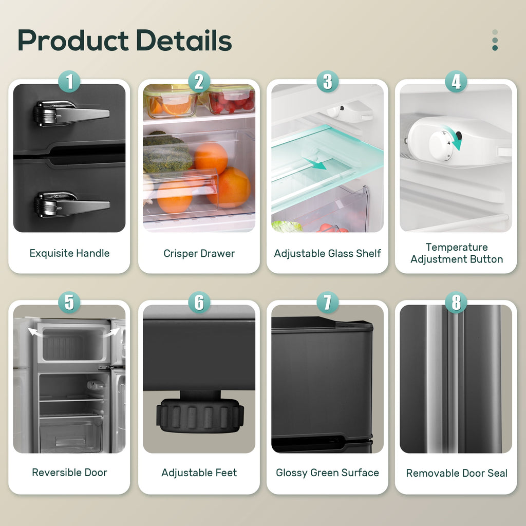 Auseo 3.1 Cu.Ft Double Door Mini Fridge with Freezer, Compact Retro Refrigerator for Dorm, Office, Bar, Bedroom, Black