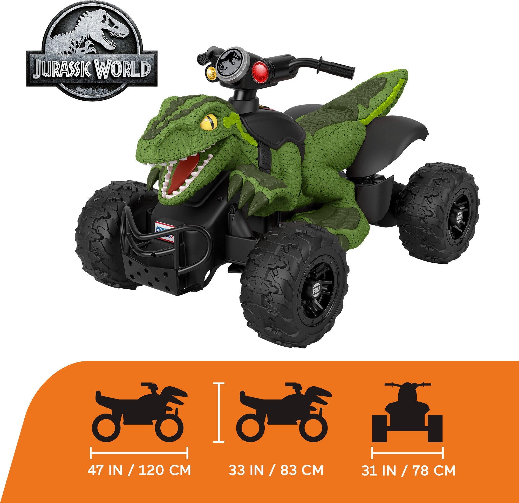 12V Power Wheels Jurassic World Dino Racer Battery-Powered Ride-On ATV Dinosaur Toy, Green