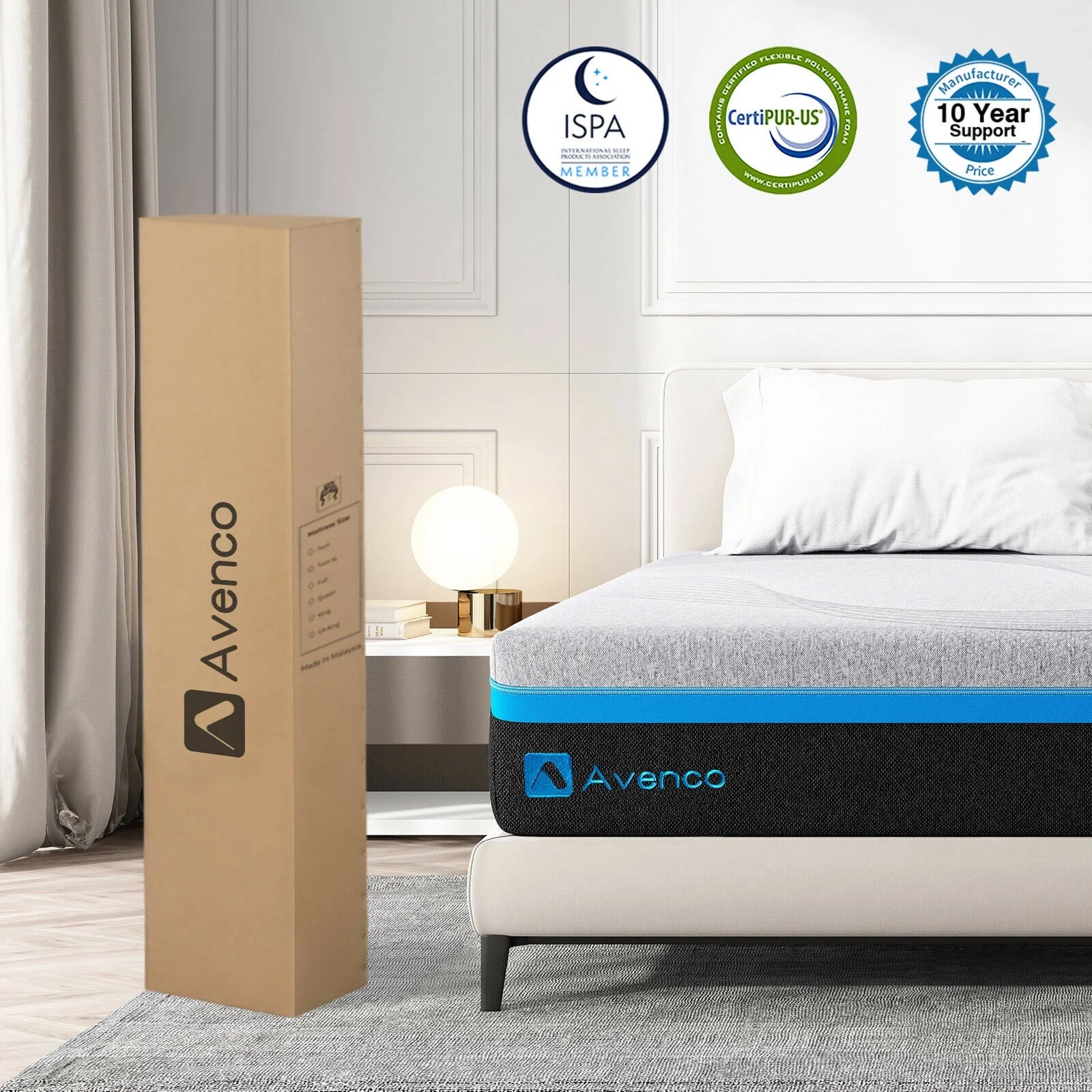 Avenco 10 Inch Grey Queen Gel Memory Foam Mattress in a Box with Detachable Cover, Queen Size Mattress