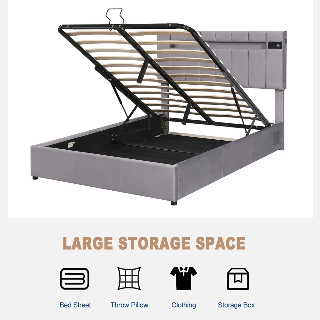 Bellemave Full Size Bed Frame with Storage and LED Light, Lift Up Upholstered Platform Bed with Bluetooth Player and USB Charging, Velvet Fabric Hydraulic Storage Bed (Gray)
