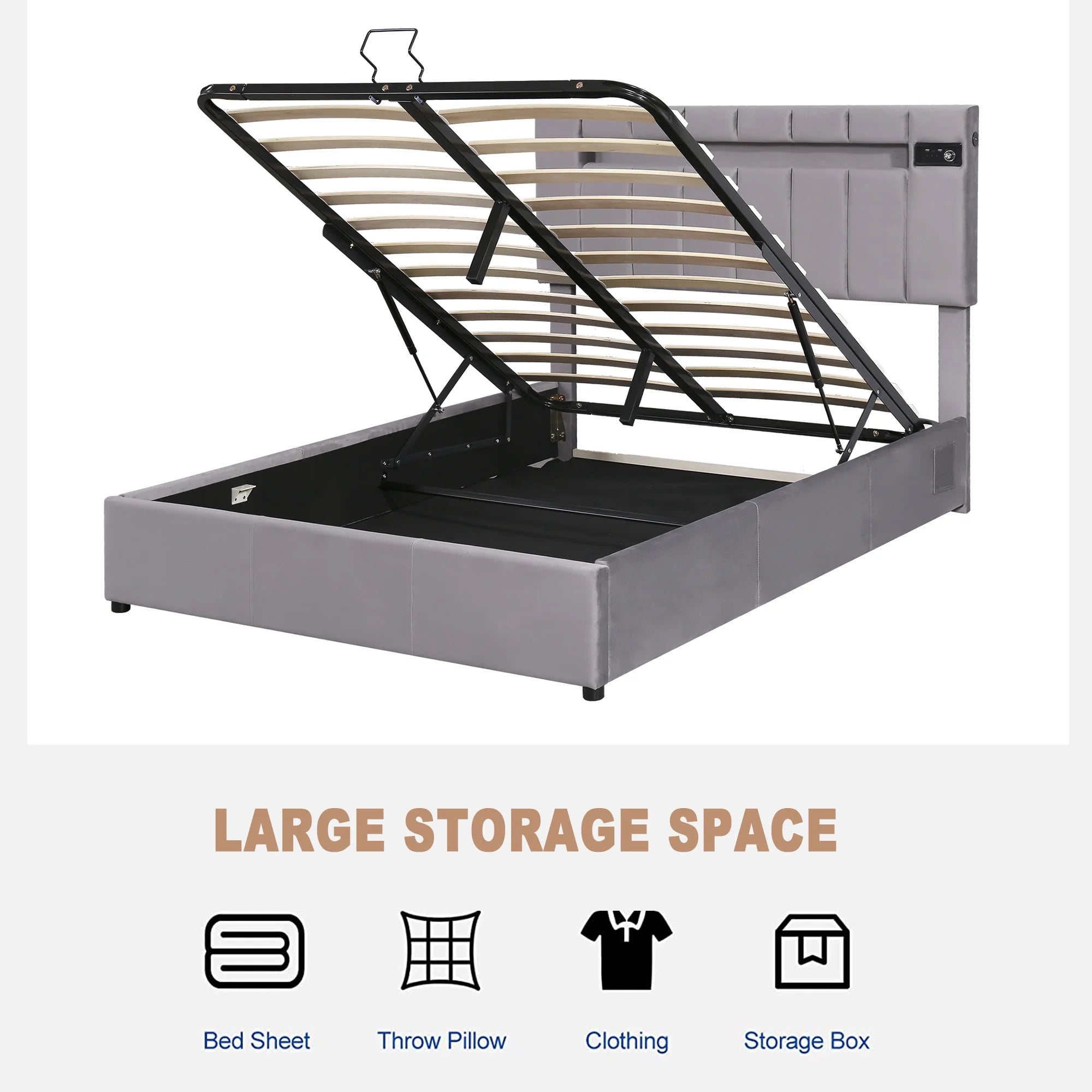 Bellemave Full Size Bed Frame with Storage and LED Light, Lift Up Upholstered Platform Bed with Bluetooth Player and USB Charging, Velvet Fabric Hydraulic Storage Bed (Gray)