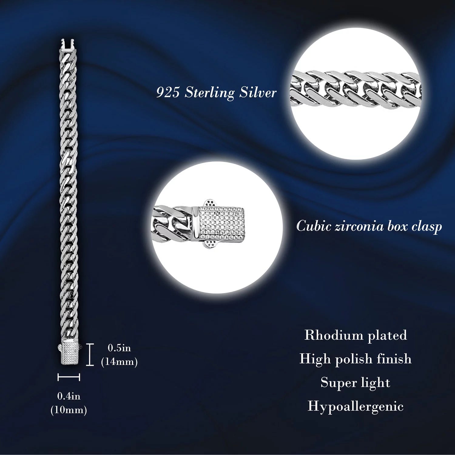 10mm 925 Sterling Silver Hollow Curb Chain Bracelet 8.4 in, Diamond Cut Flat Link Chain Bracelet for Men Zirconia Crystal Full Diamond Clasp