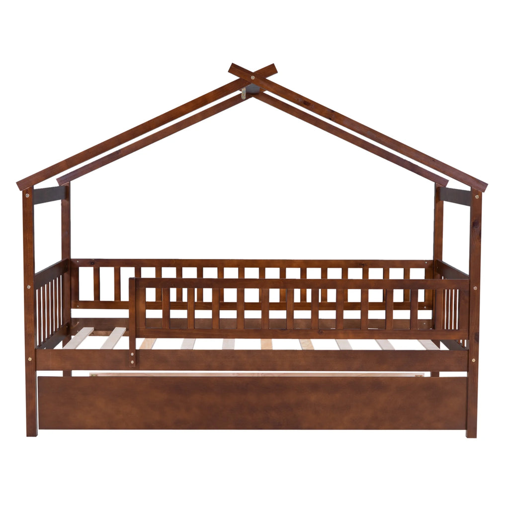 "Twin-Size Wooden House-Shaped Bed with Matching Twin-Size Trundle in Elegant Walnut Finish"