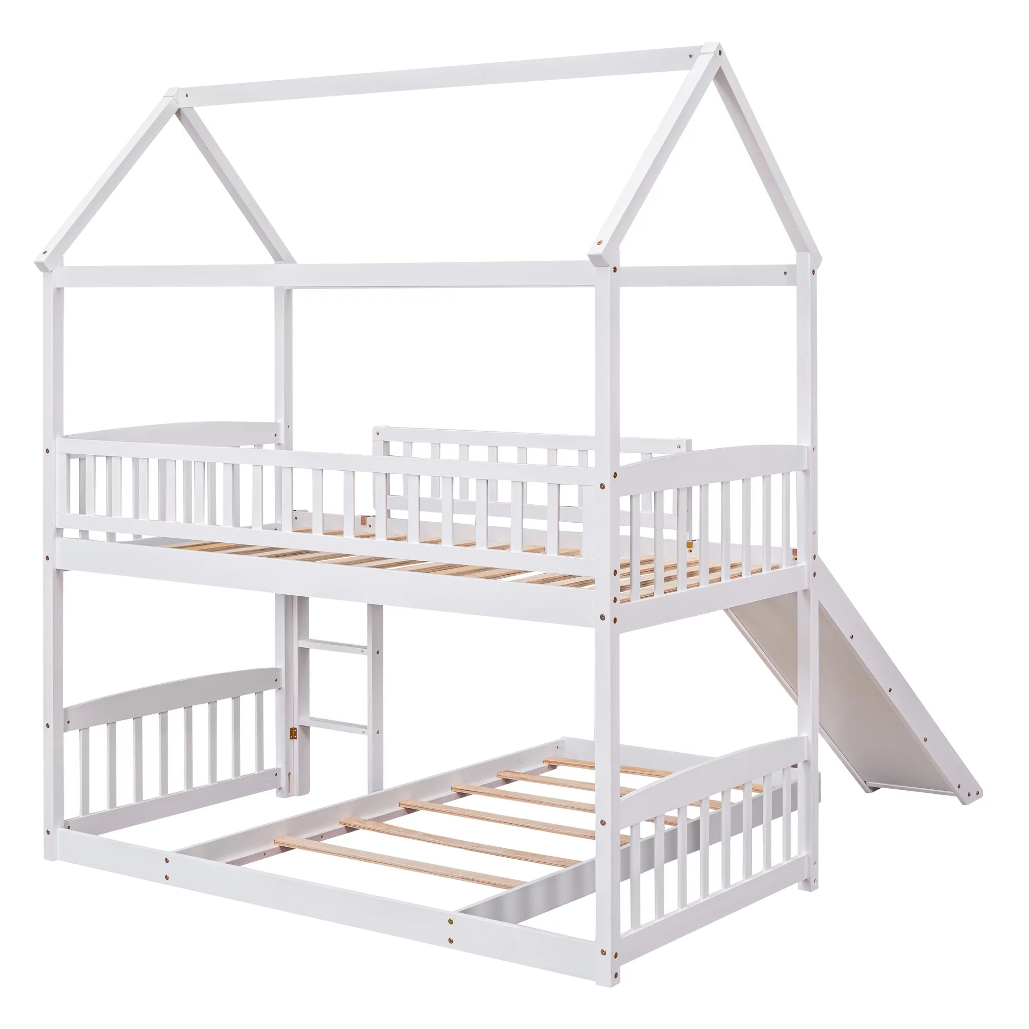 Aukfa Twin over Twin Bunk Bed with Slide, L-Shaped House Bunk Bed for Kids, Boys and Girls, Wooden - White