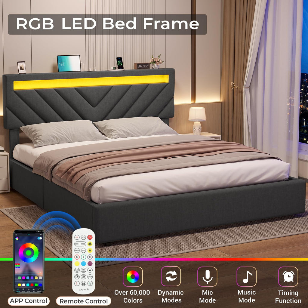 Afuhokles Queen Bed Frame with LED Lights Headboard, 4 Drawers,2 USB Charging Station, Upholstered Platform Bed, Dark Gray