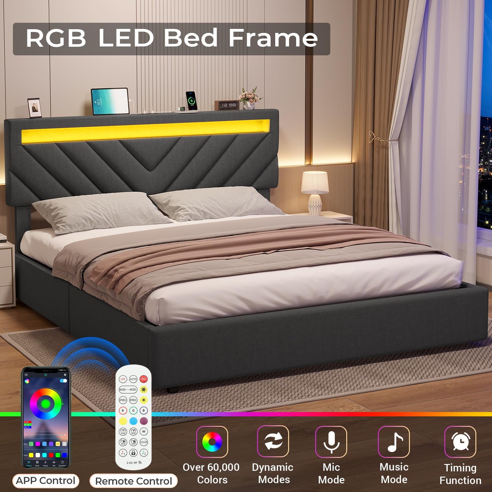 Afuhokles Queen Bed Frame with LED Lights Headboard, 4 Drawers,2 USB Charging Station, Upholstered Platform Bed, Dark Gray
