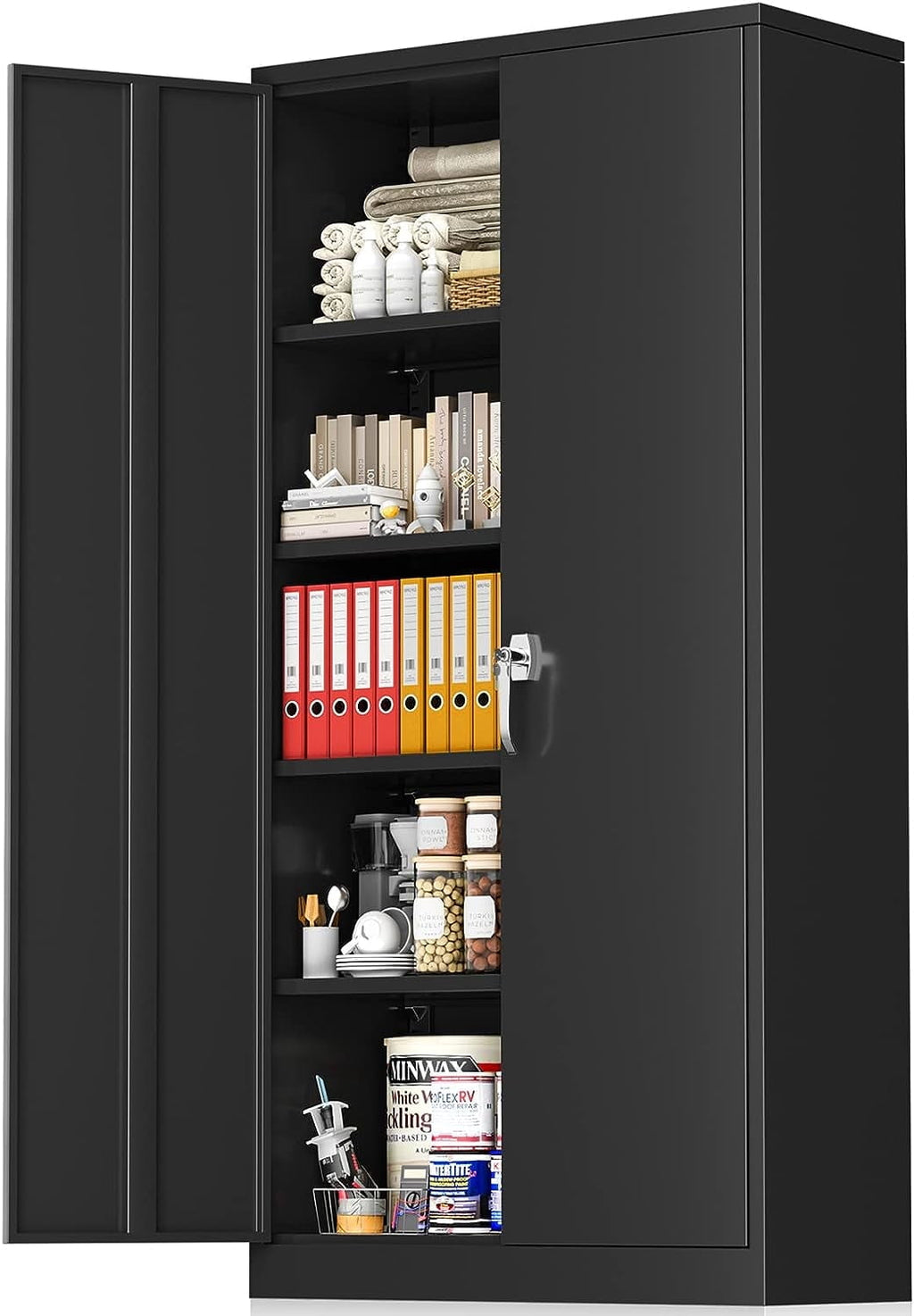 71" Metal Garage Storage Cabinet with Locking Doors and Adjustable Shelves for Home, Office(Black)