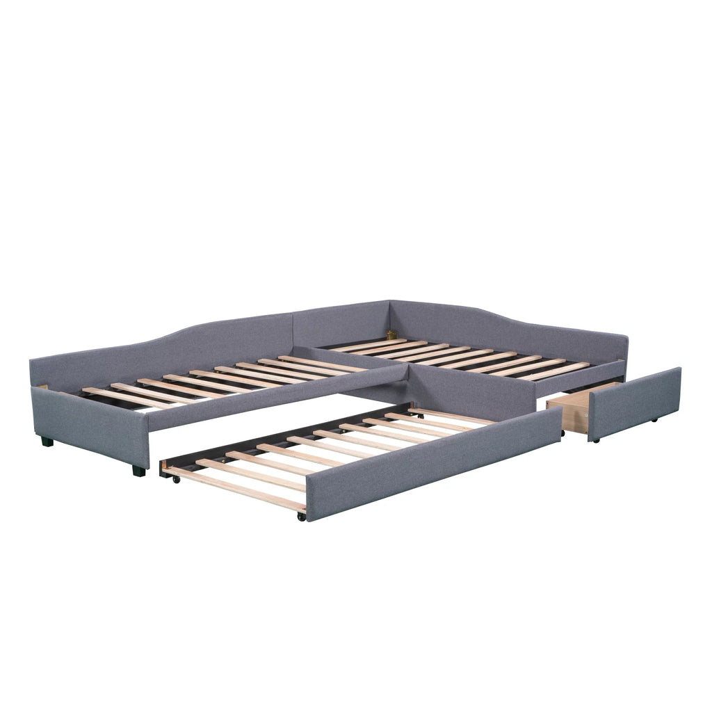 Bellemave L-Shaped Daybed with Trundle and Drawers, Double Twin Size Upholstered Sofa Bed with Storage, Twin Daybed Frame for Kids, Teens & Adults, Gray