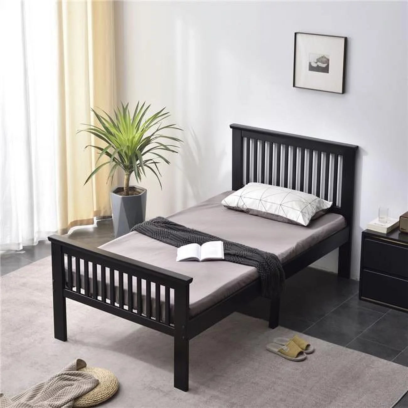39 x 42 x 79 in. Jassmine Solid Wood Platform Pine Twin Size Bed, Black