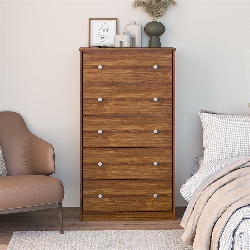 Ameriwood Home Lennon Tall 5 Drawer Dresser, Medium Brown and Faux Rattan