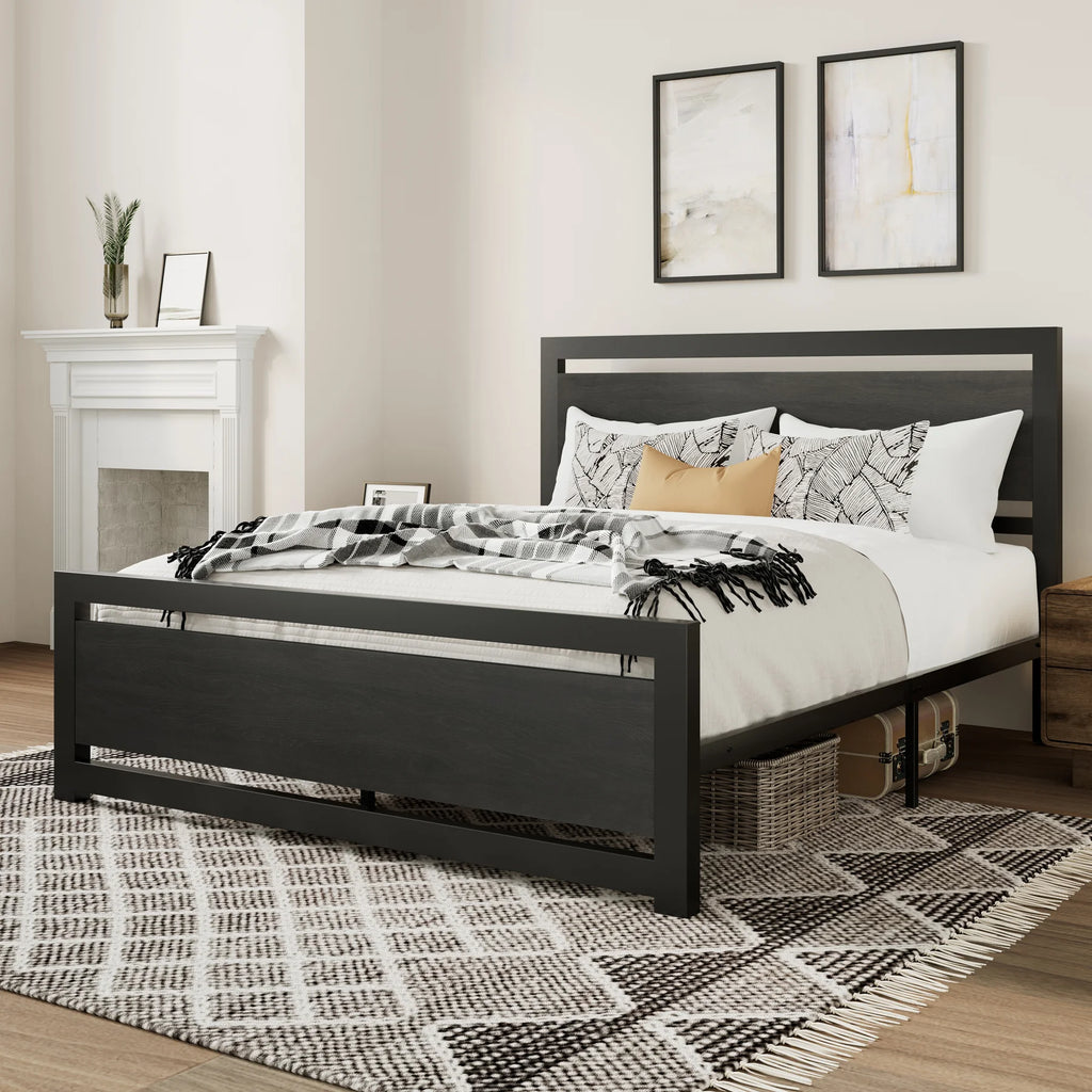 Amolife Full Size Metal Platform Bed Frame with Headboard & Footboard, Black