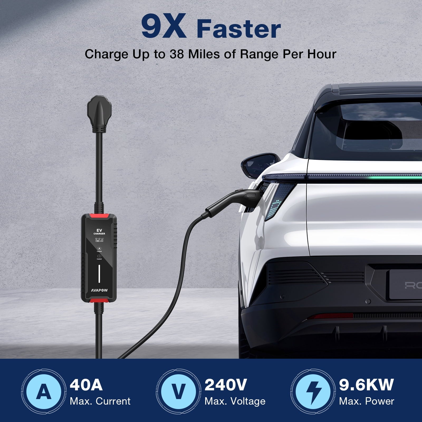 AVAPOW Level 2 Portable EV Charger, 240V 40A Electric Car Charger with 25FT Charging Cable, Plug-in EV Charging Station with NEMA 14-50 Plug