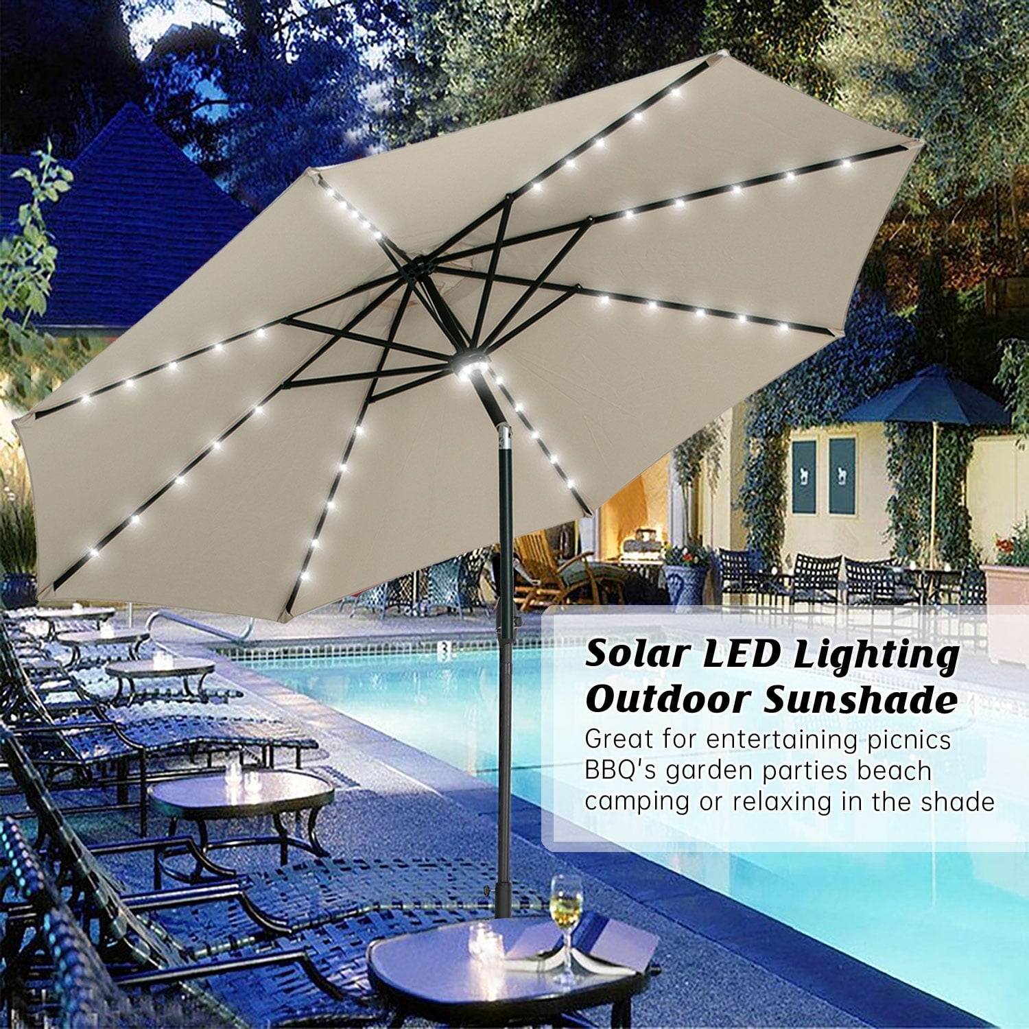 Autlaycil 10 ft Solar Patio Umbrellas with 40 LED lights for Market Outdoor Pool, Steel Tilt Crank, Navy Blue