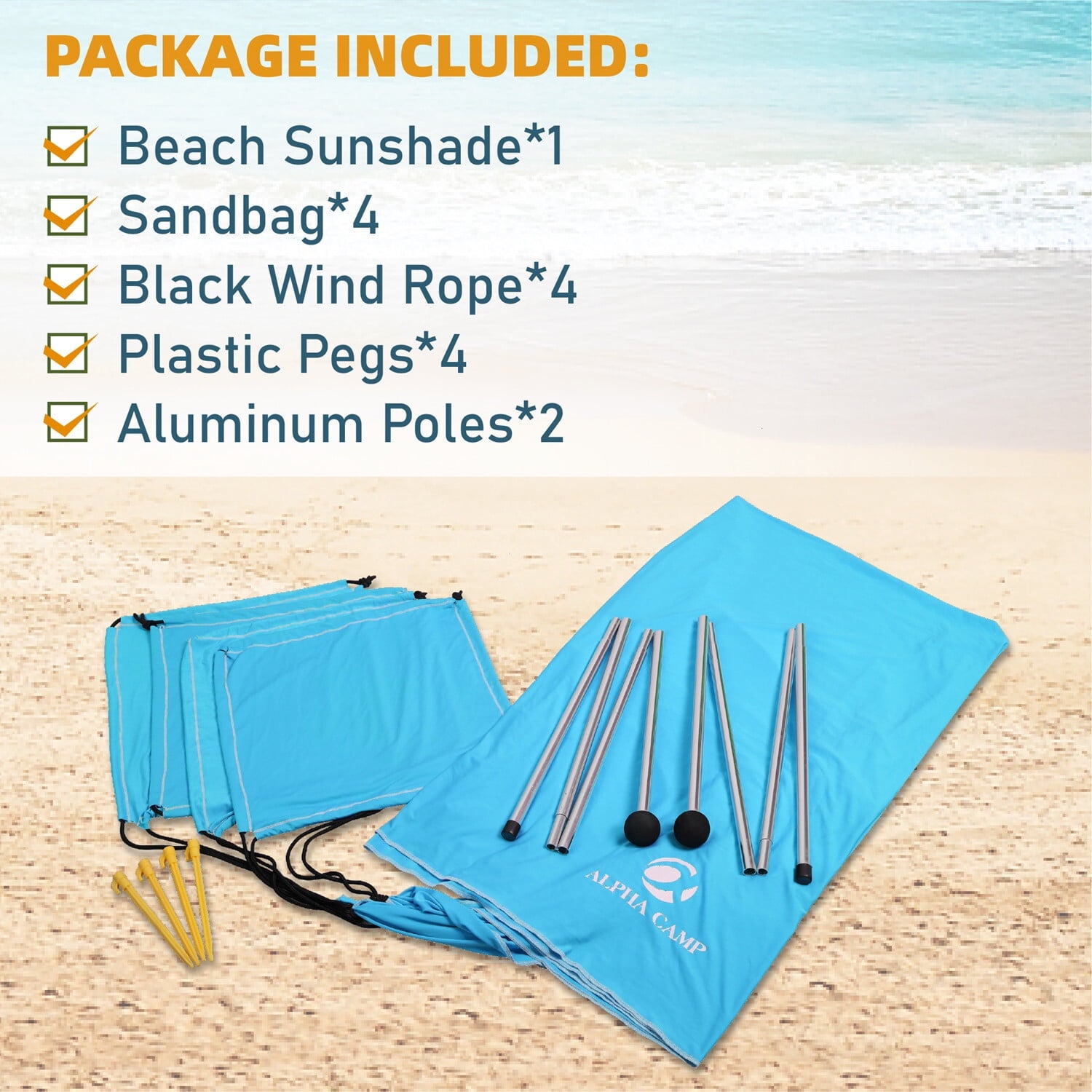 Alpha Camper Sunshade Beach Tent Sun Shelter UPF 50+ Portable Canopy Tent 7.6'x7.2' for 3-4 Person, Blue