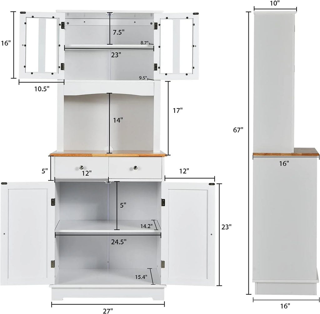 67" Pantry Organizers and Storage, Tall Kitchen Cupboard with Drawers & Storage Cabinet, Freestanding Wooden Microwave Station with Glass Doors & Shelves, Buffet Hutch, White