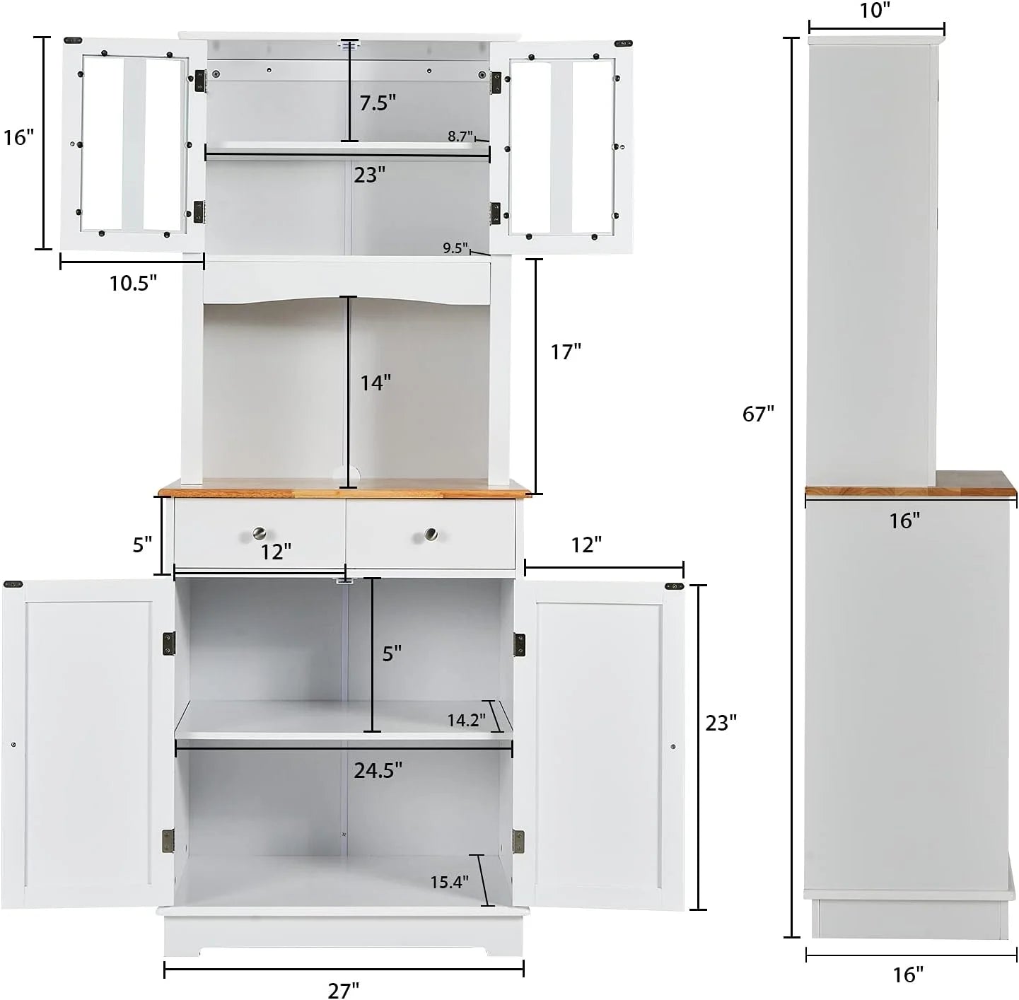 67" Pantry Organizers and Storage, Tall Kitchen Cupboard with Drawers & Storage Cabinet, Freestanding Wooden Microwave Station with Glass Doors & Shelves, Buffet Hutch, White