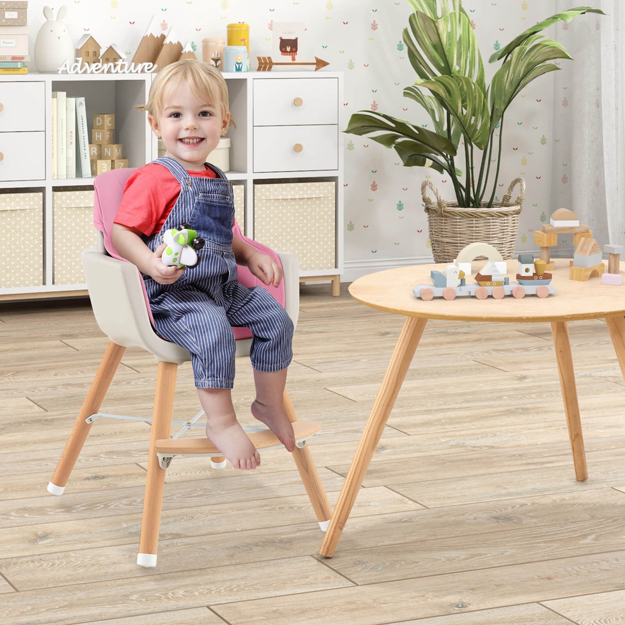 Babyjoy 3 in 1 Convertible Wooden High Chair Toddler Feeding Chair with Cushion Beige