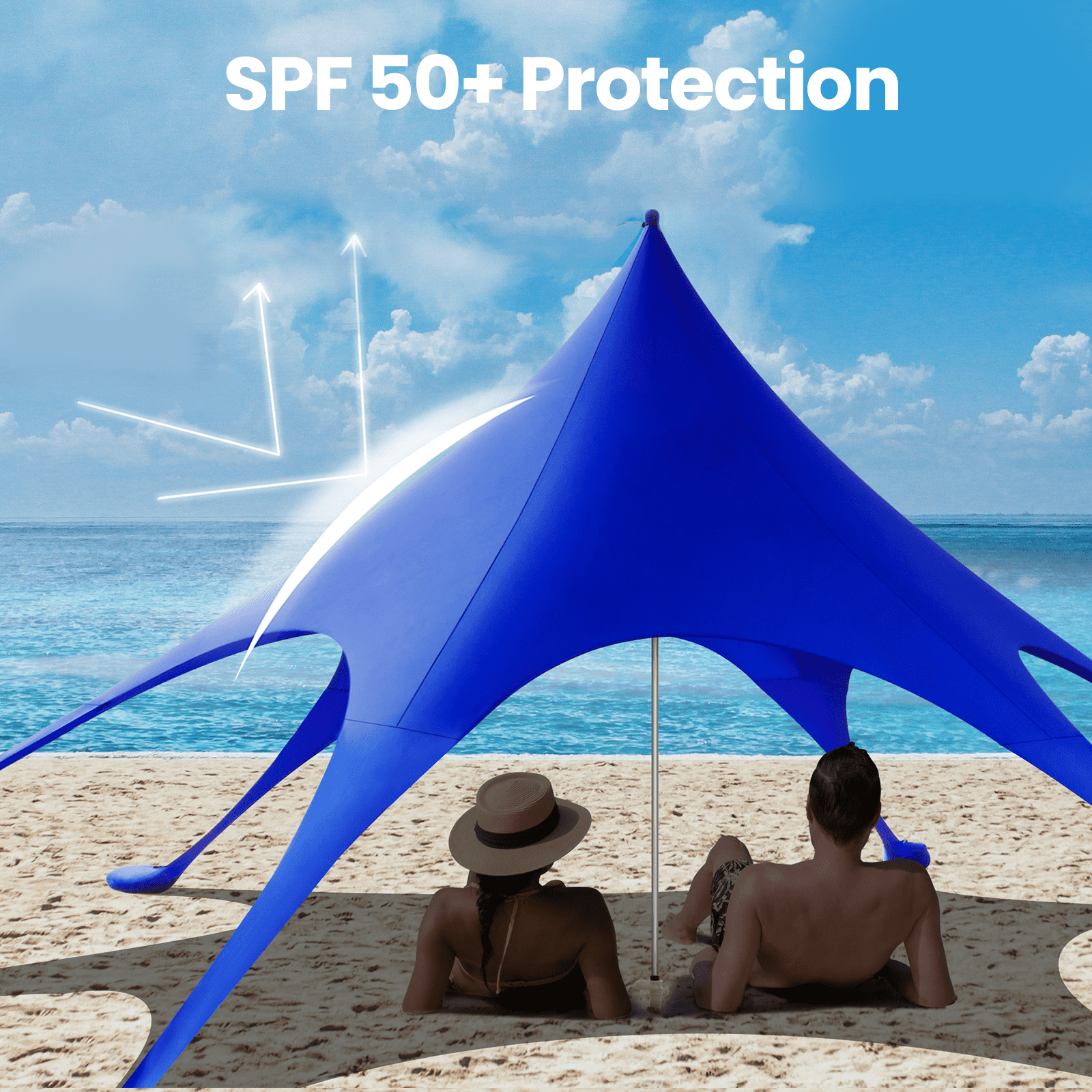 Beach Canopy Tent Sun Shade, VECUKTY 12x12 FT Beach Tent Sun Shelter UPF 50+ UV Protection with Sandbags , 1 Stability Poles and Ground Pegs and Anti-Wind Ropes,Blue