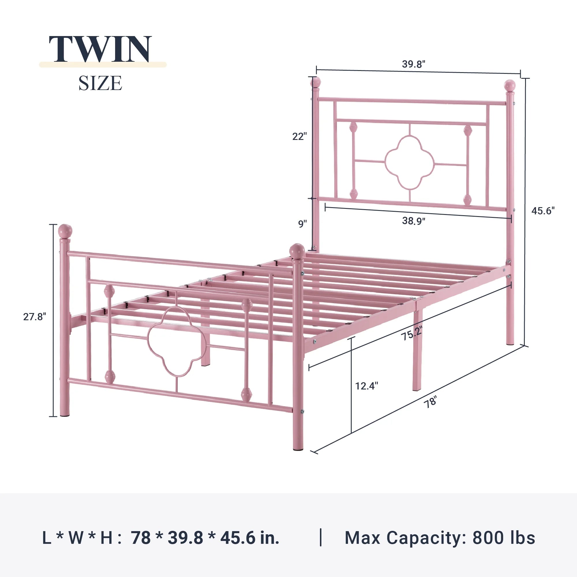 Allewie Twin Size Metal Platform Bed Frame with Victorian Vintage Headboard and Footboard, Pink