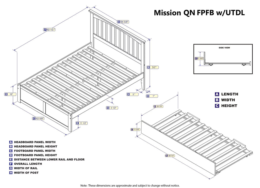 AFI Mission Queen Wood Platform Bed with Headboard Footboard & Twin XL Trundle, Grey