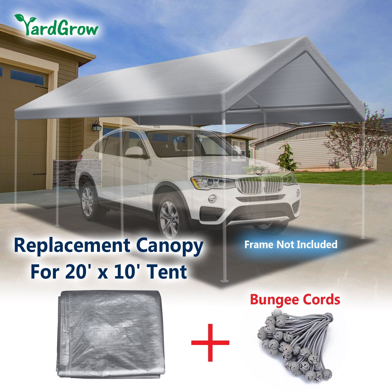 10'x20' Carport Replacement Canopy Cover for Tent Top Garage Shelter Cover with Ball Bungees (Only Cover, Frame is not Included)