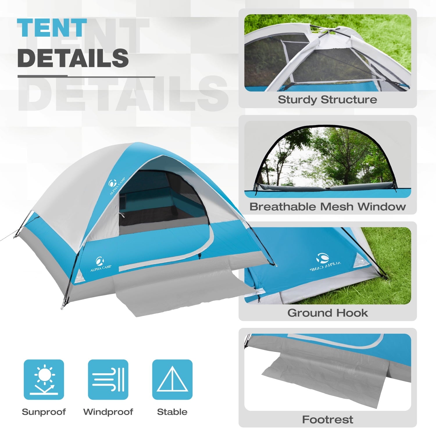 Alpha Camper 2-Person Camping Dome Tent Waterproof Portable Tent with Carry Bag, Blue