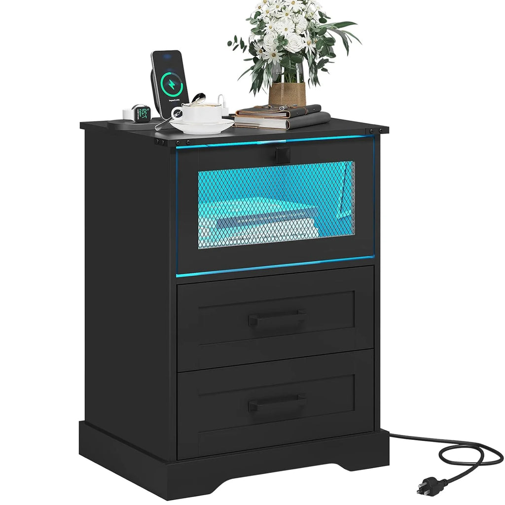 2 Drawers Nightstand with LED Light and Plug Charging Station, Farmhouse End Side Table with 2 Drawers and Open Cubby, Bedside Table for Bedroom,Black