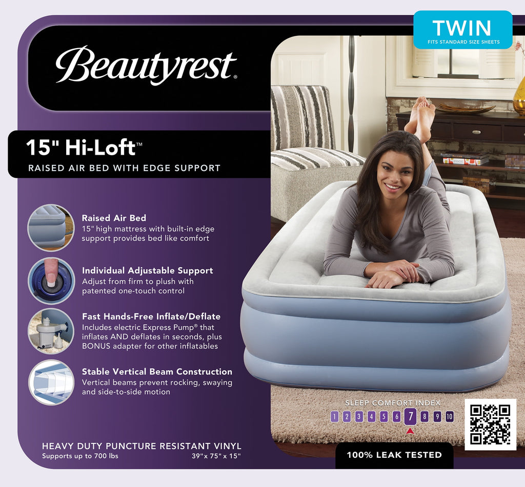 Beautyrest Hi Loft 17" Queen Air Bed Mattress, Raised Inflatable Blow-Up Bed, Powerful Pump, Adjustable Firmness