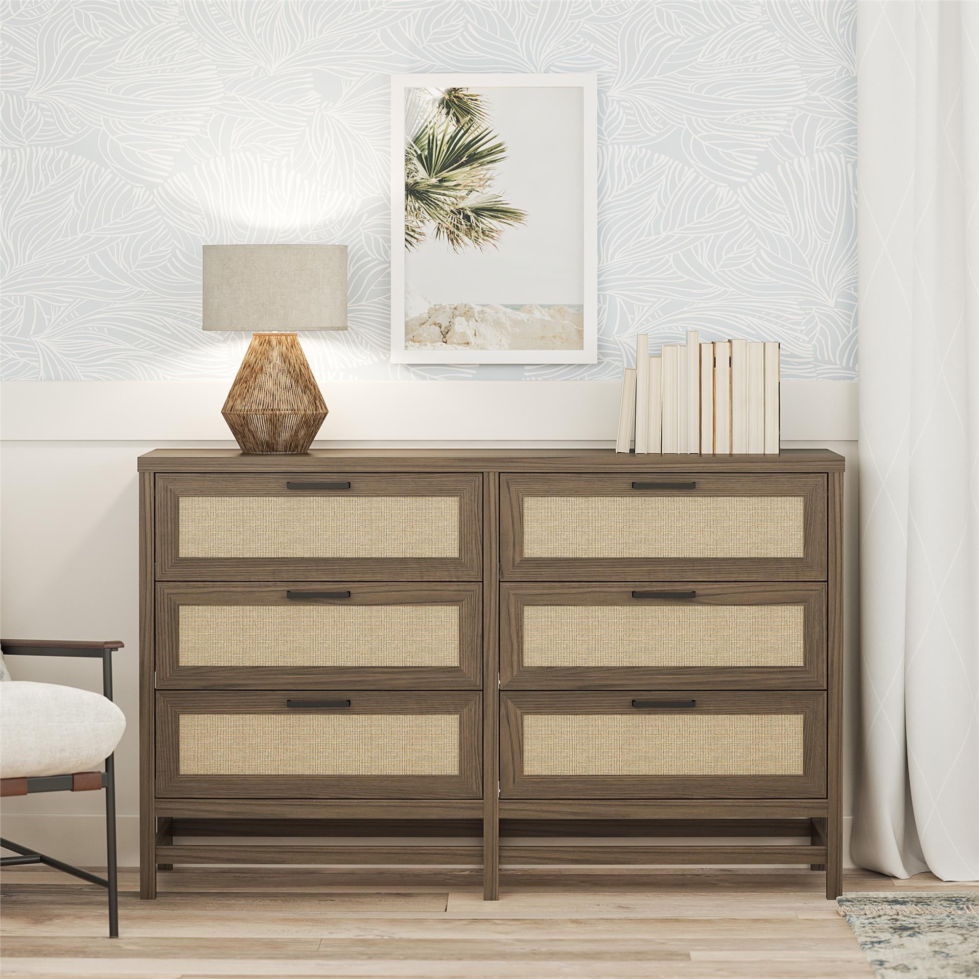 Ameriwood Home Lennon Tall 5 Drawer Dresser, Medium Brown and Faux Rattan