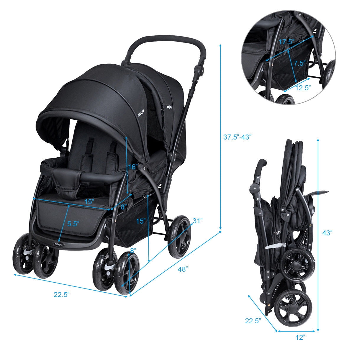 Babyjoy Double Stroller Foldable Baby Twin Lightweight Travel Stroller Infant Pushchair Black