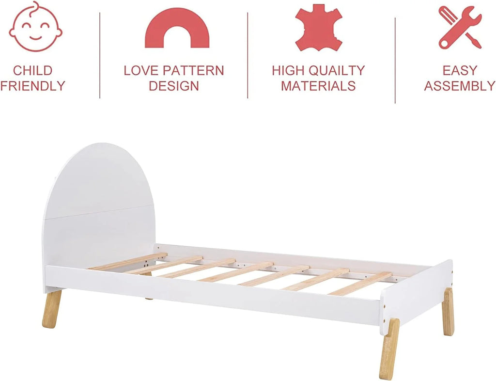 Bed Frames For Kids, Wood Cute Platform Bed With Curved Headboard, Size Bed With Shelf Behind Headboard For Boys Girls, No Box Spring Needed (White)