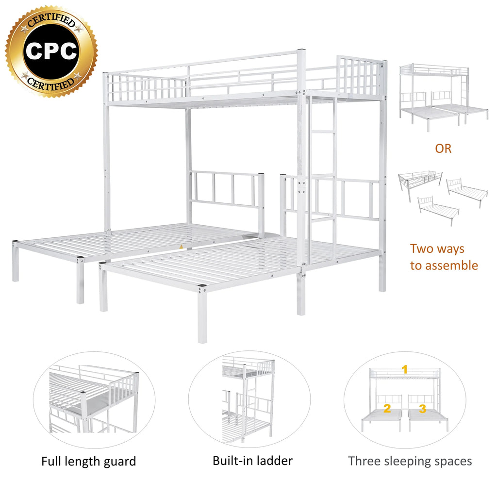 Aukfa Triple Bunk Bed, Convertible to 3 Twin Size Metal Bed Frame, Twin over Twin and Twin, White