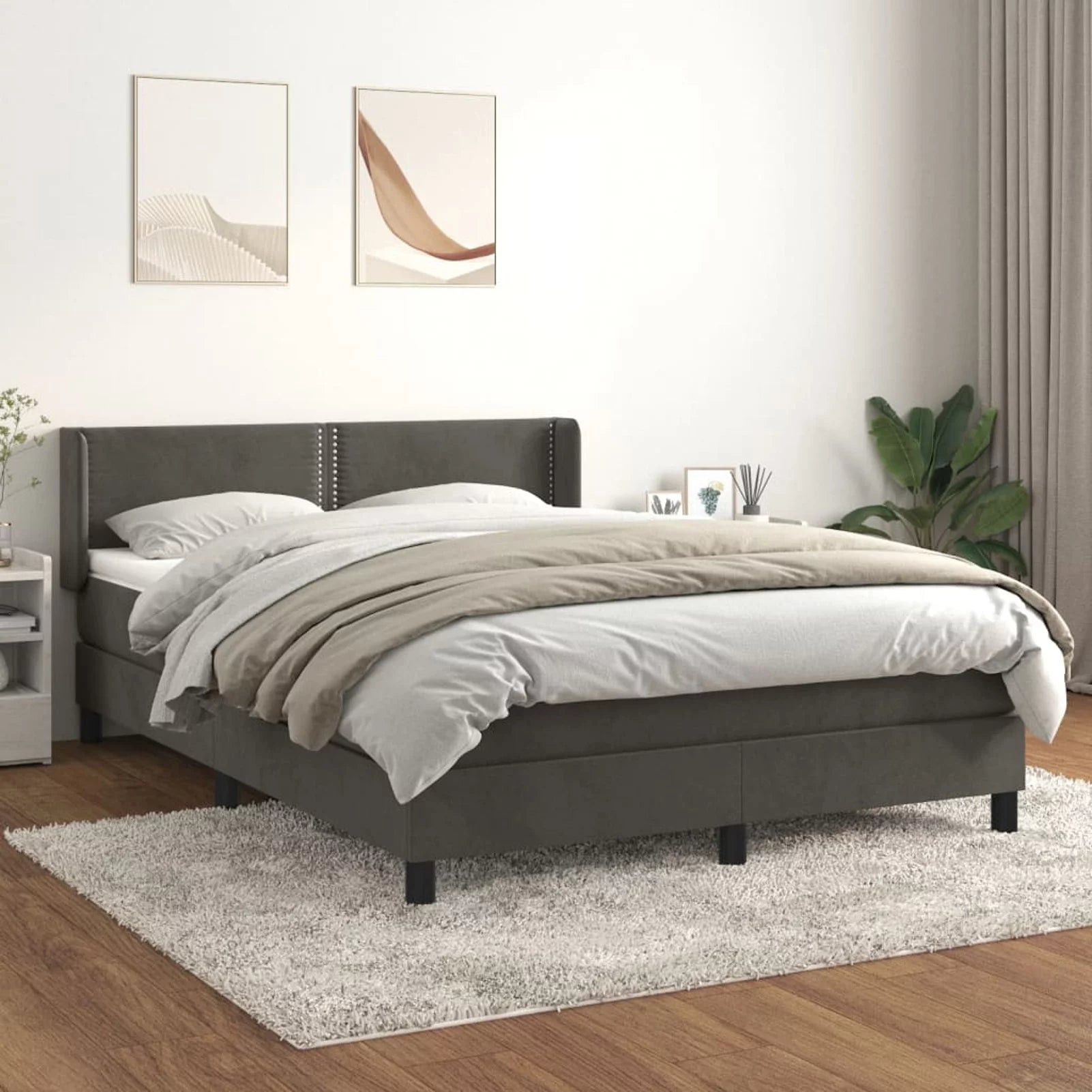 Anself Box Spring Bed with Mattress Dark Gray Full