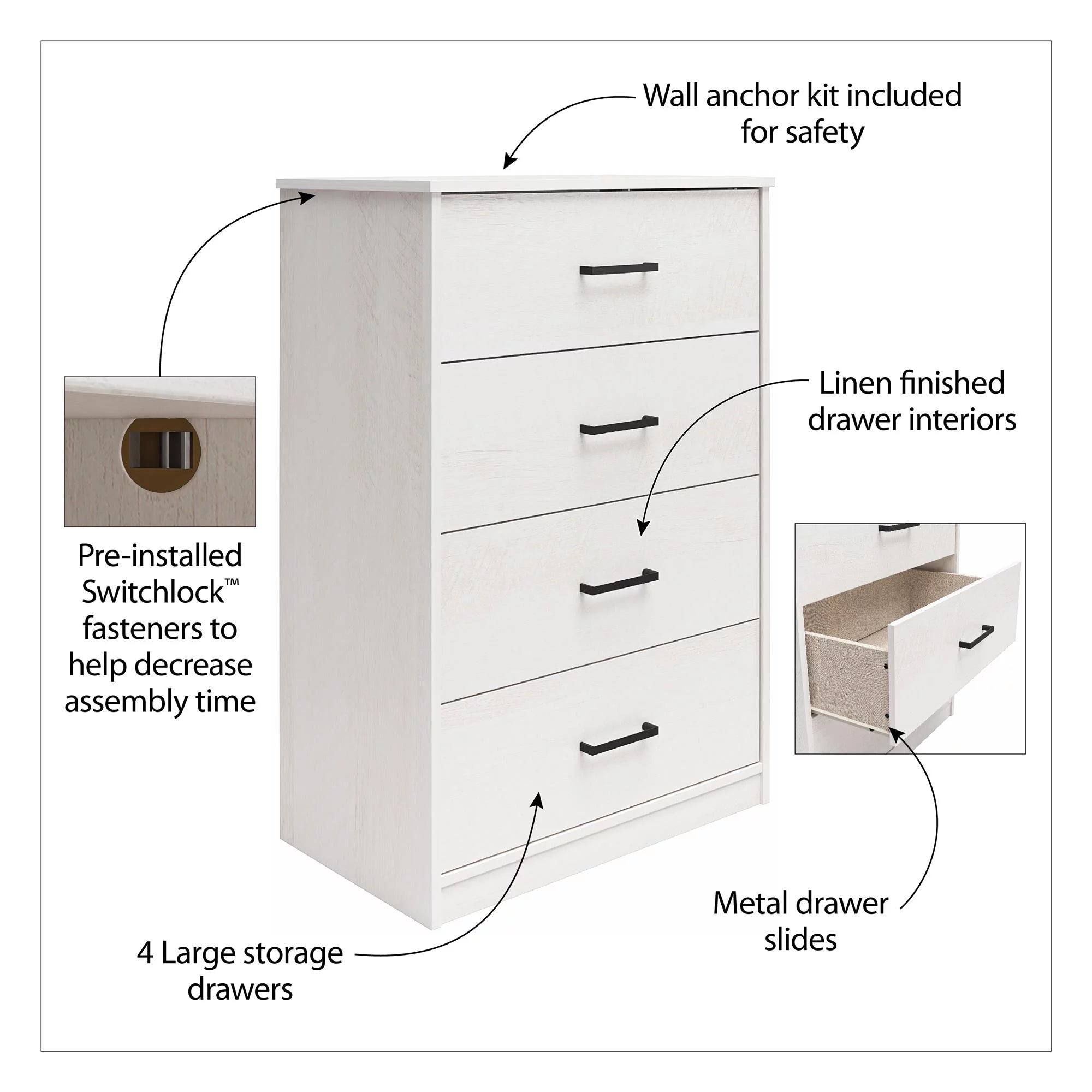 Ameriwood Home Edgewater 4 Drawer Dresser, Black Oak