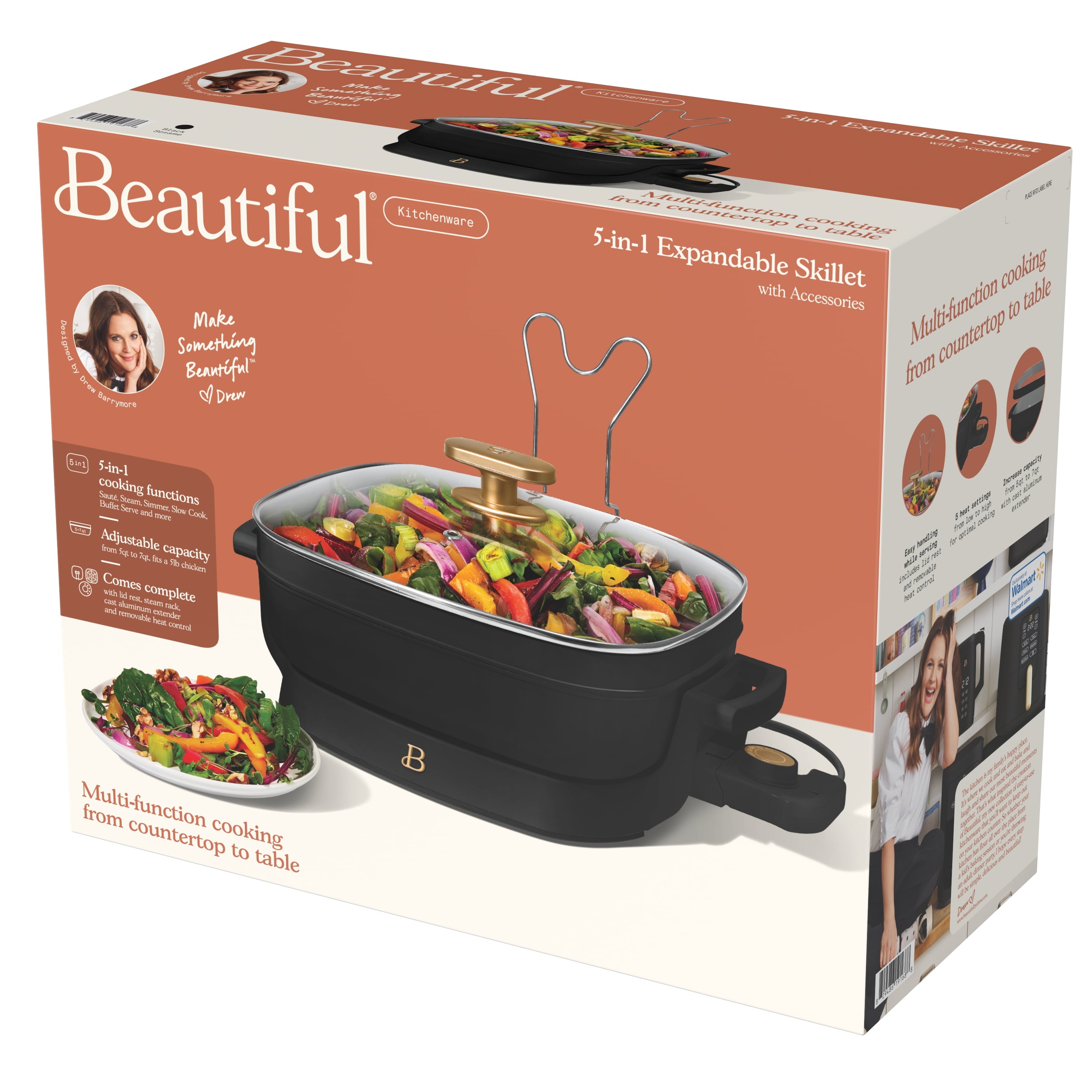 Beautiful 5 in 1 Electric Skillet - Expandable up to 7 Qt with Glass Lid, White Icing by Drew Barrymore