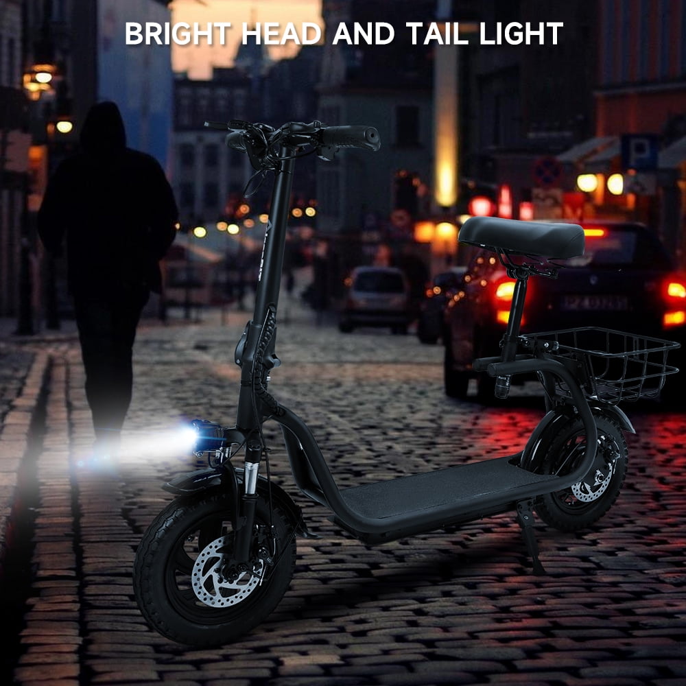 500W Adult Shock Absorption Electric Scooter with Seat 12" Commuter Electric Scooter With Carry Basket - Up to 25 Miles 18.6MPH