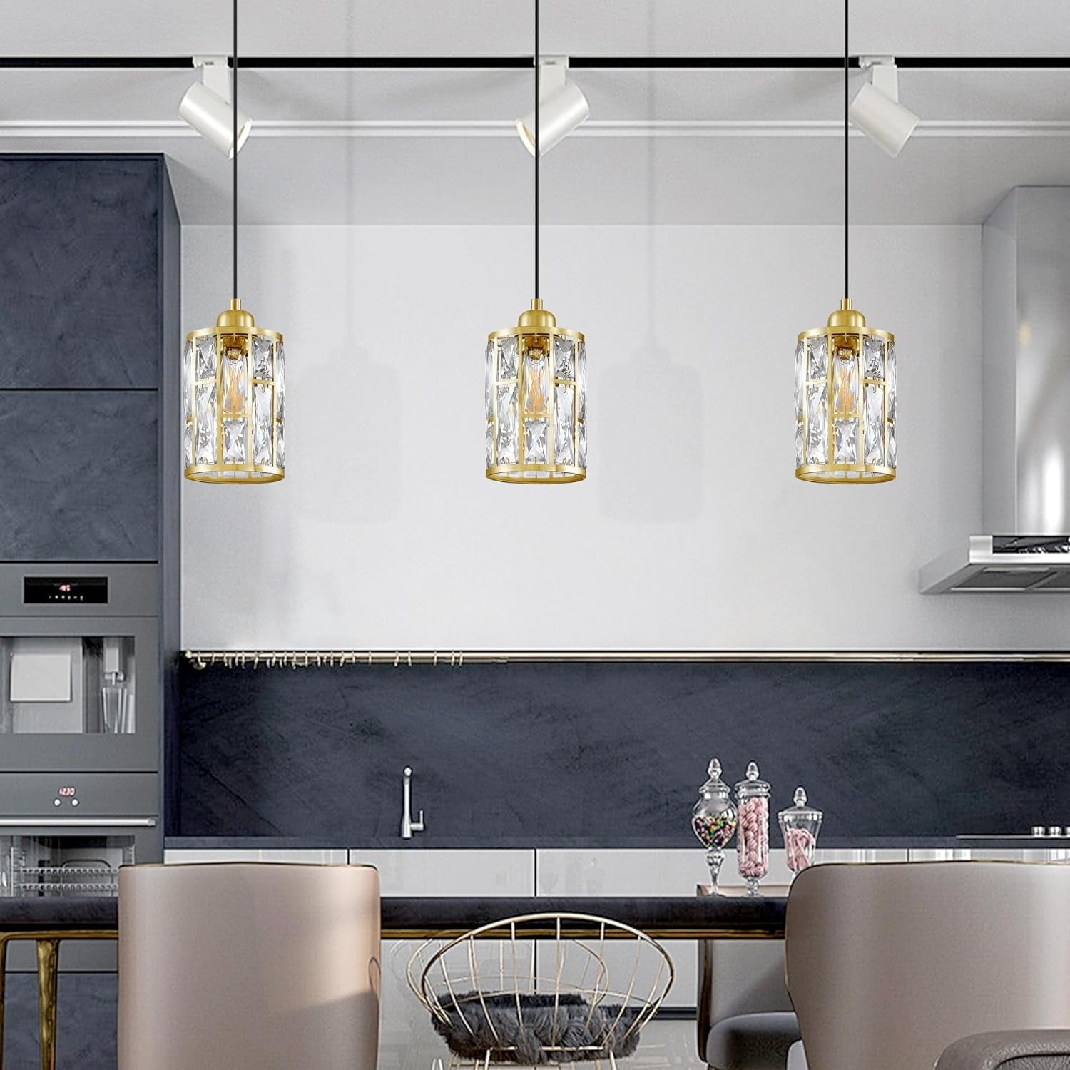 3 Pack 1 Light 5.4" Crystal Shade Hanging Kitchen Island Pendant Light Gold Finish,Modern Pendant Fixture with Crystal Metal Shade for Bar,Dining Room,Living Room Over Sink