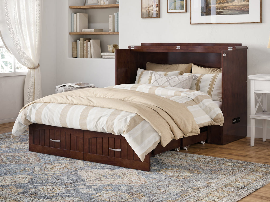 AFI Southampton Full Wood Murphy Bed Chest with Mattress, Drawer & Charger in Walnut