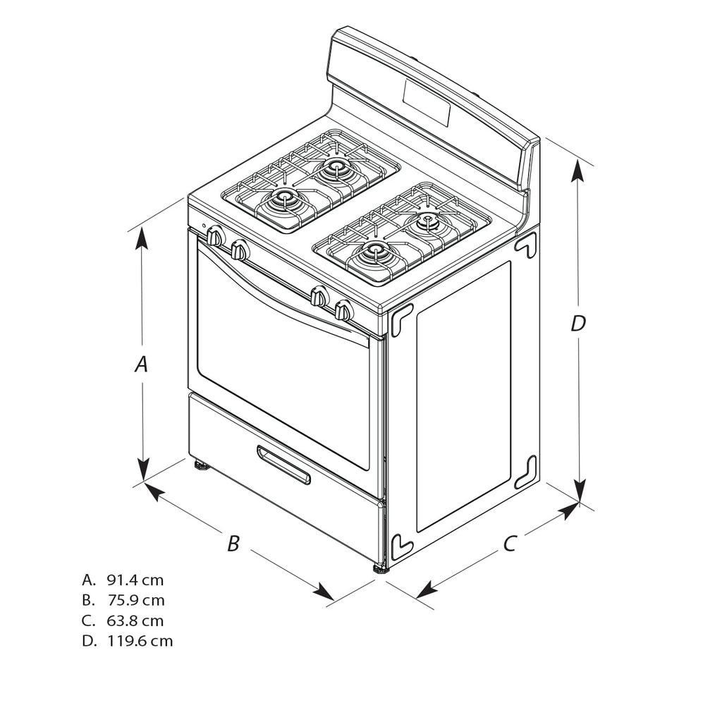 Amana® Brand New Model - AER6303MMS 30-inch Electric Range with 4.8 Cu ft oven. - assembled product Depth: 27.5” - assembled product height: 46.08” - assembled product Width: 30”
