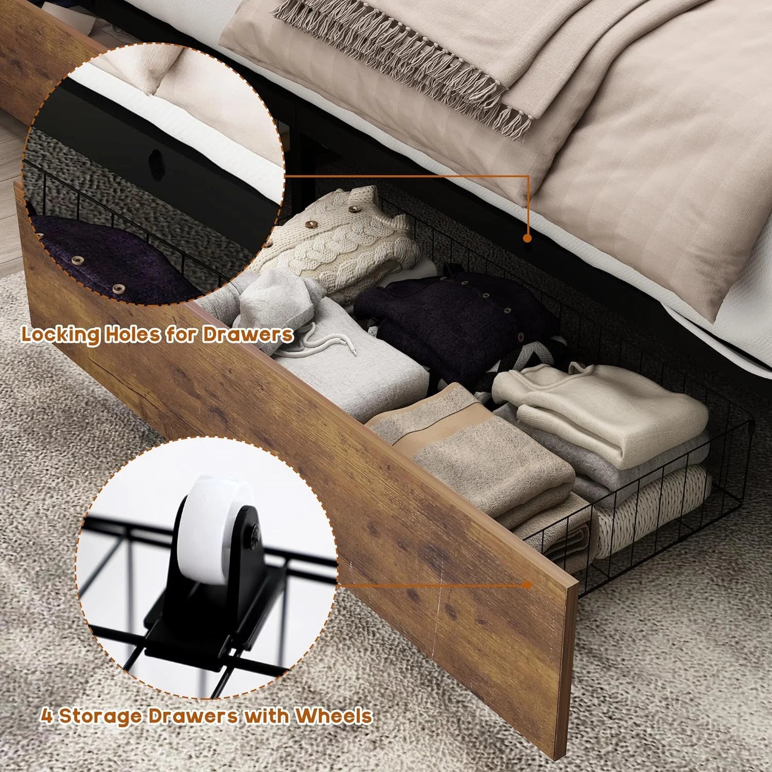 ANPOO LED Bed Frame Queen Size with Bookcase Headboard and 4 Drawers & Outlet Station, Industrial Metal Platform Bed Frame, No Box Spring Needed, Noise-Free, Vintage Brown-Queen