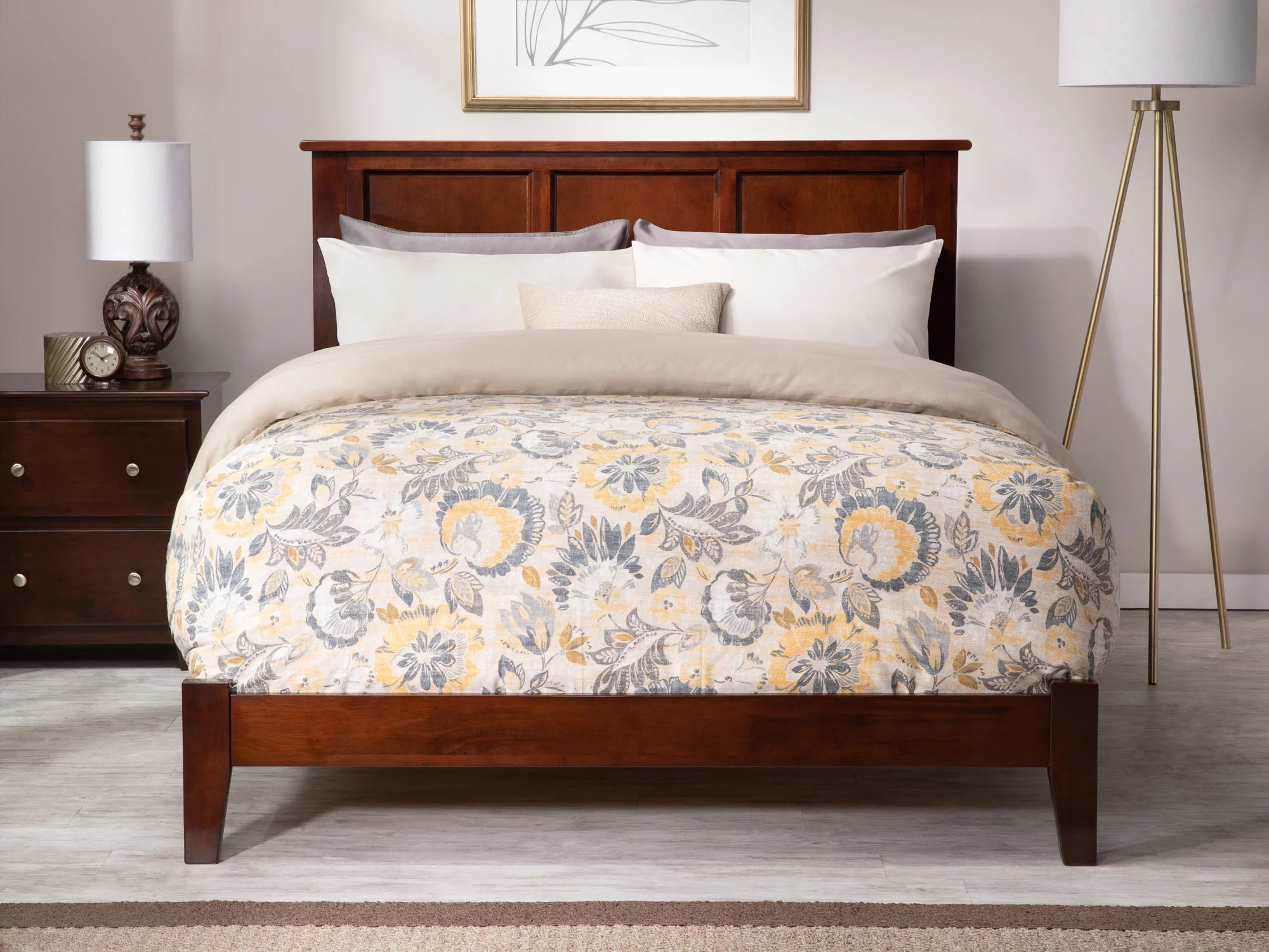 AFI Madison Full Low Profile Wood Platform Bed Frame with Panel Headboard, Walnut