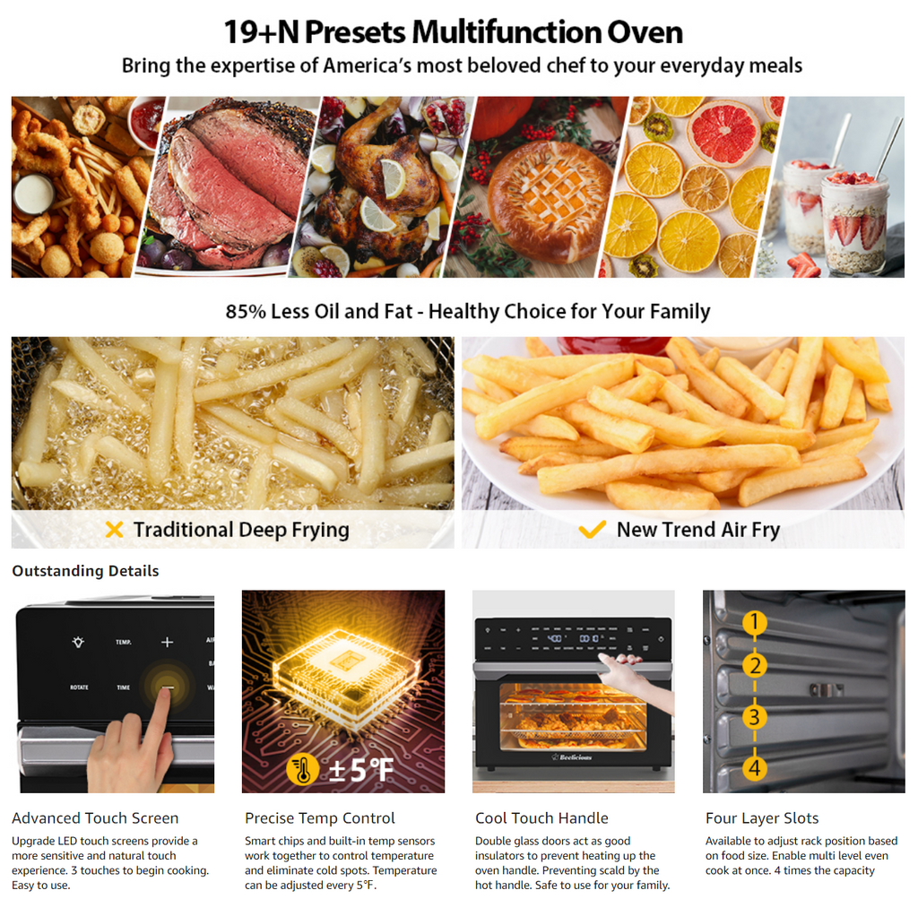 Beelicious Coutertops Oven, 32QT Extra Large Air Fryer Oven with Rotisserie & Dehydrator, Smart Air fryer Toast Oven, 6 Accessories, 1800w, Black