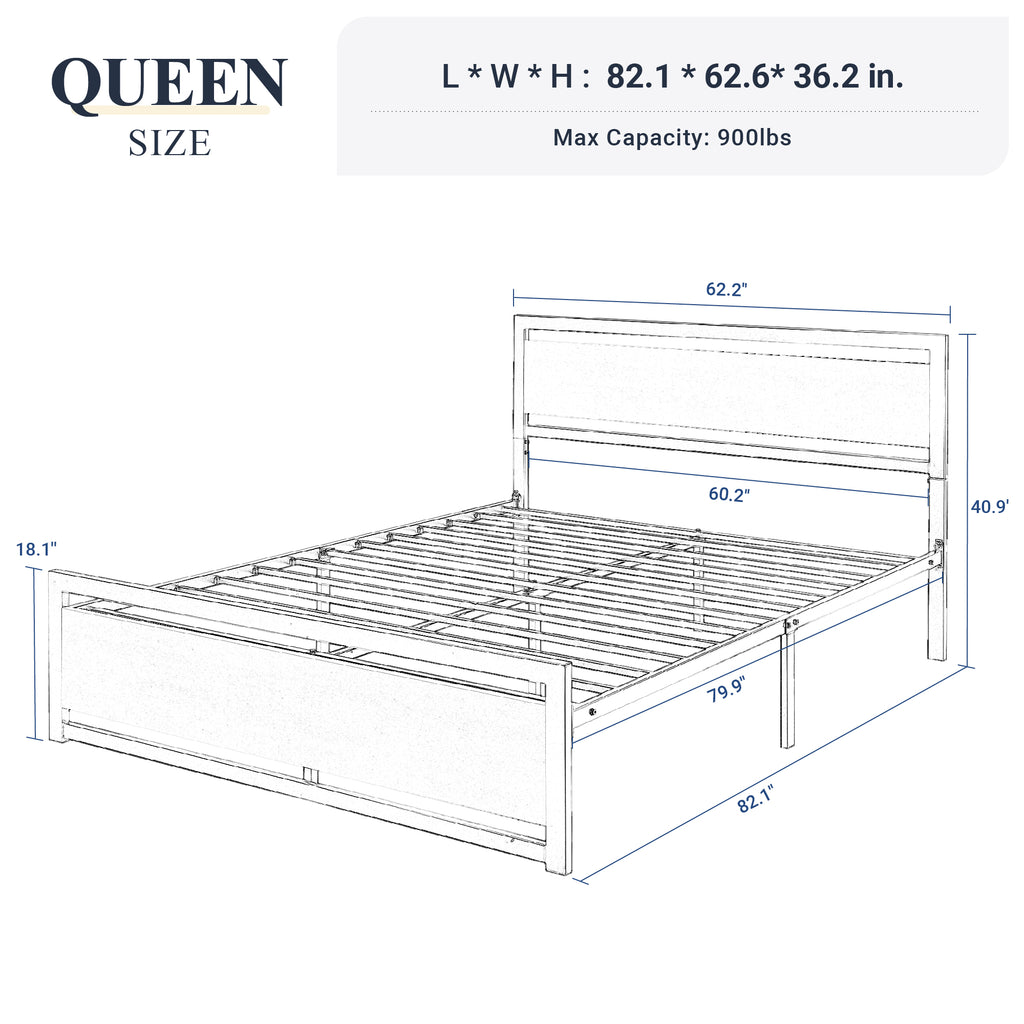 Allewie Queen Size Metal Platform Bed Frame with Square Frame Wooden Headboard&Footboard, Brown