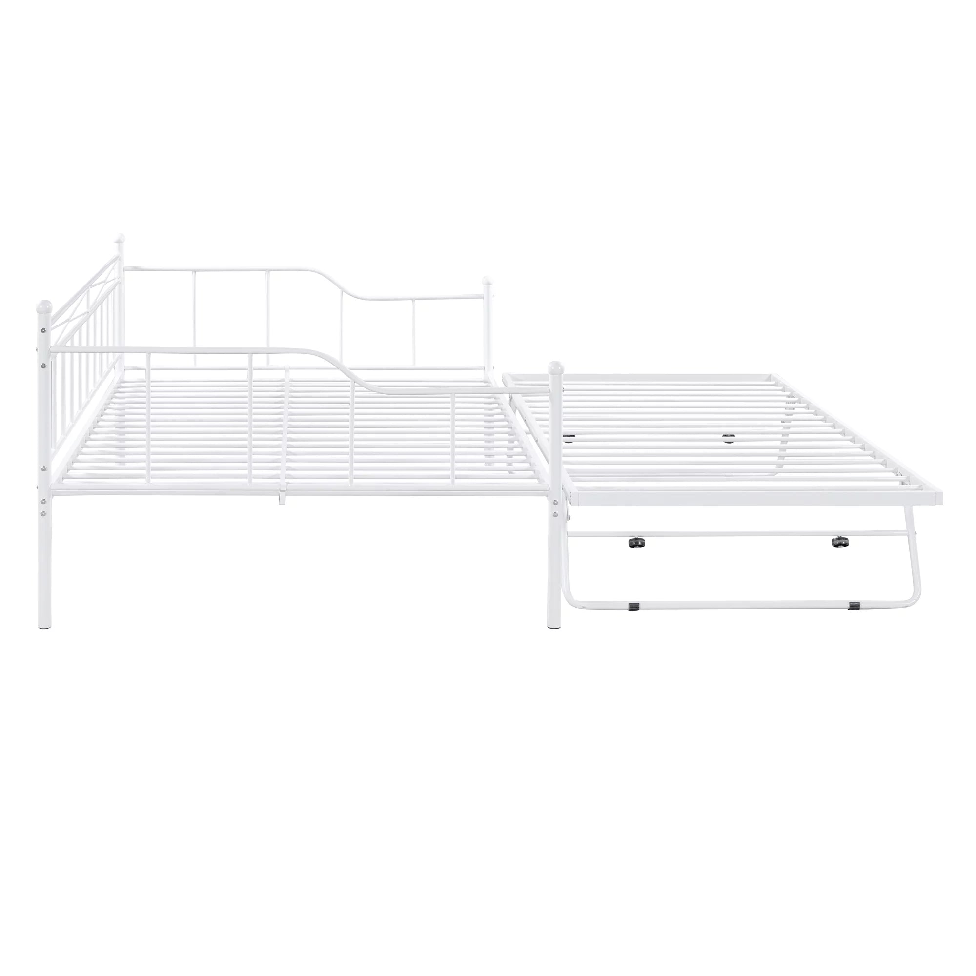 Bellemave Full Size Metal Daybed with Twin Size Adjustable Trundle,Portable Folding Trundle,Heavy-Duty Steel Daybed Frame with Pull Down Trundle Bed Space Saving Design(White)