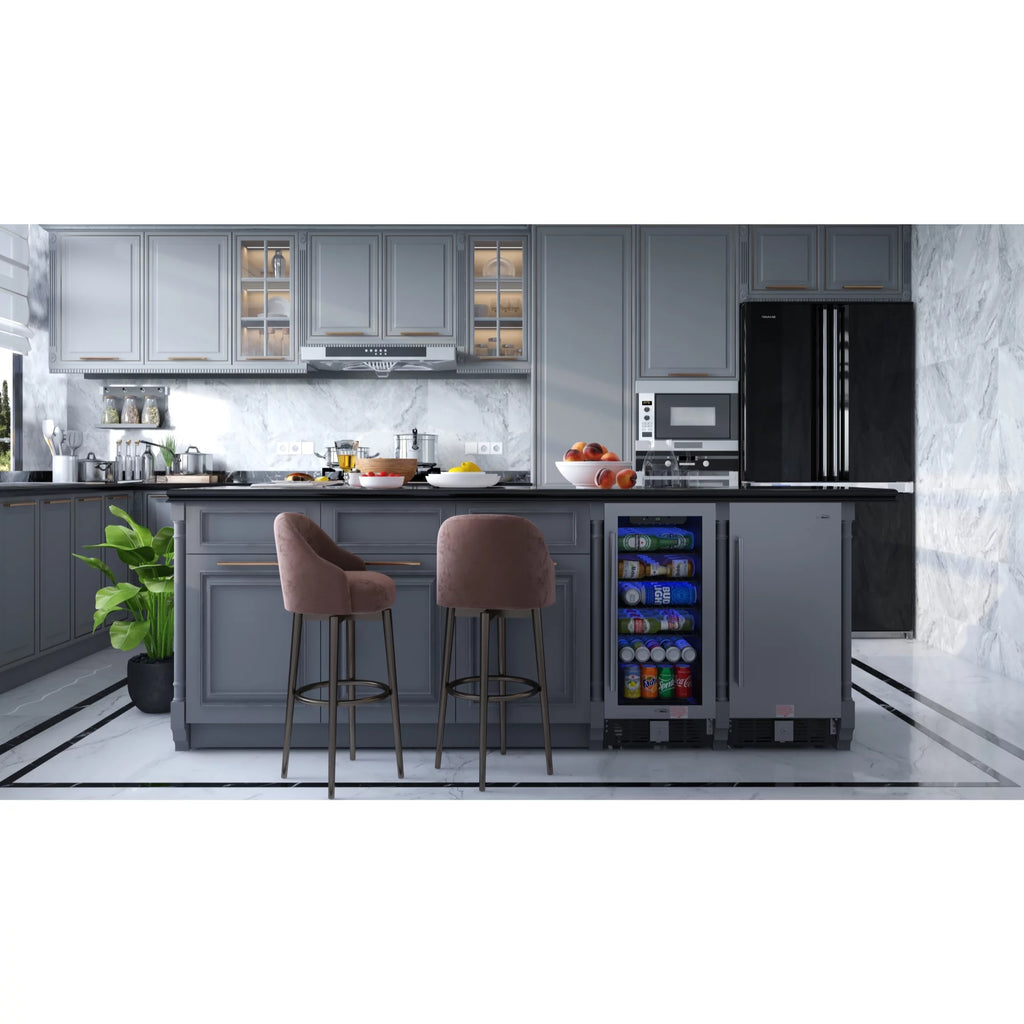 15 in. Small Stainless Steel, Glass-Door Built-In Refrigerator and Beverage Cooler, 3 cu. ft. - KM-BIR3C-GD.
