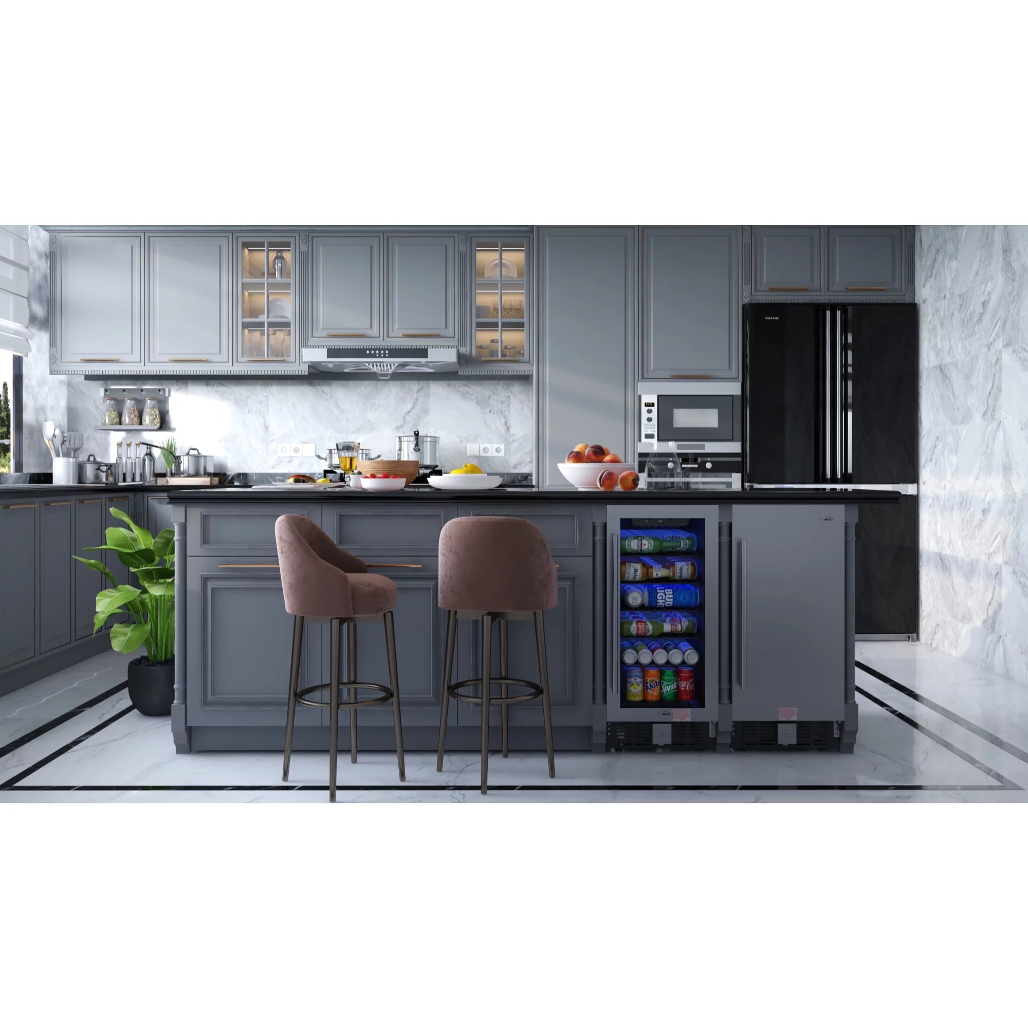 15 in. Small Stainless Steel, Glass-Door Built-In Refrigerator and Beverage Cooler, 3 cu. ft. - KM-BIR3C-GD.
