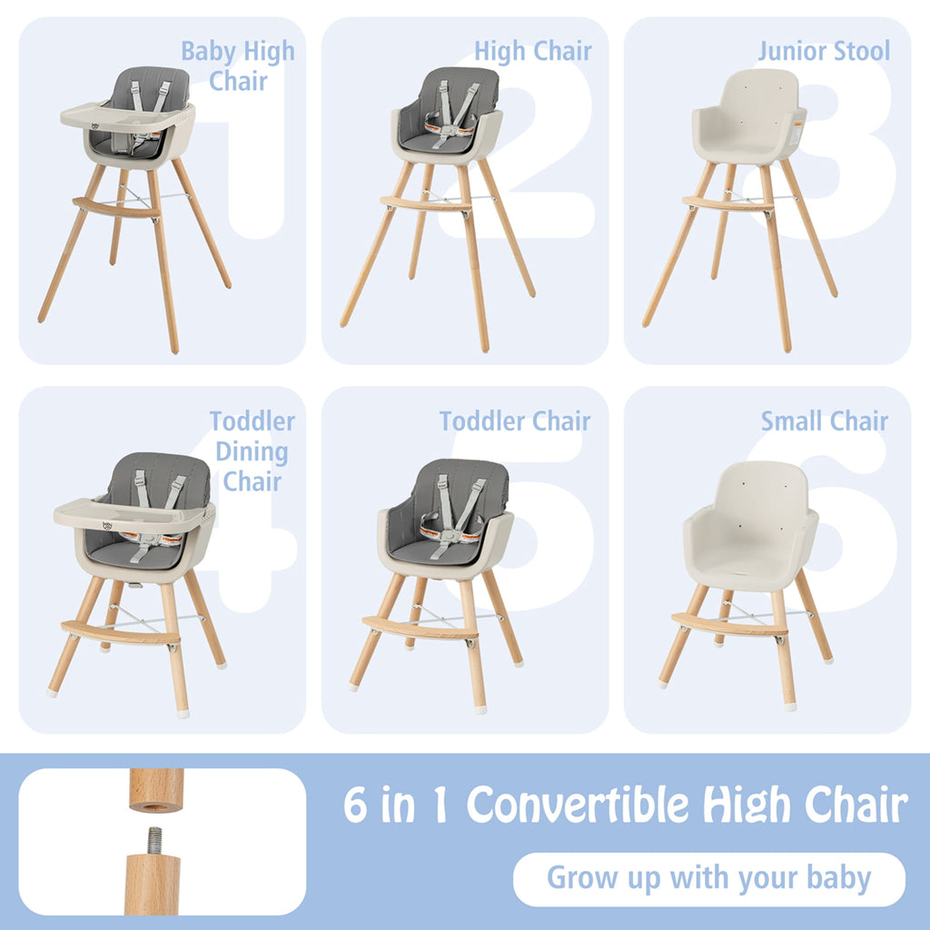 Babyjoy 3 in 1 Convertible Wooden High Chair Toddler Feeding Chair with Cushion Beige