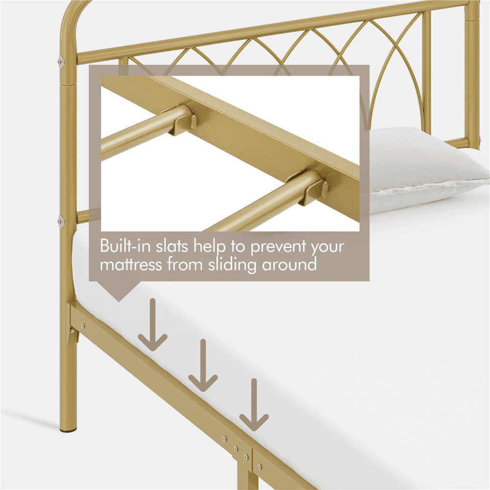Alden Design Metal Platform Bed Frame with Headboard and Footboard, Twin, Antique Gold