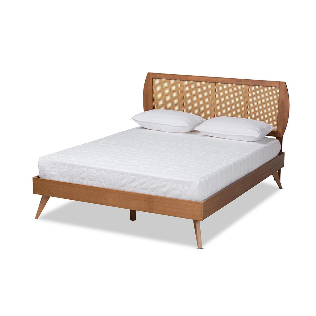 Baxton Studio Asami Mid-Century Modern Walnut Brown Finished Wood and Synthetic Rattan King Size Platform Bed